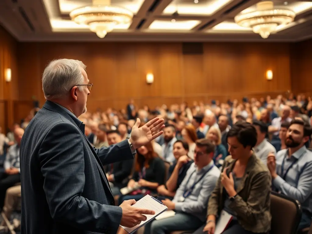 A photograph of a keynote speaker passionately addressing a large audience at a FastForward corporate innovation conference in Mumbai, India. The speaker is gesturing emphatically, and the audience is engaged and attentive.