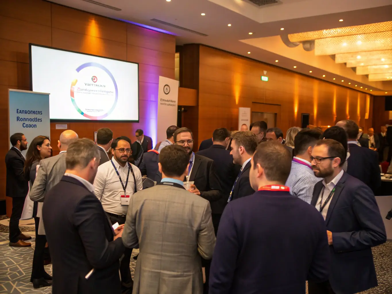 A diverse group of attendees networking during a coffee break at a corporate innovation conference in Mumbai, India.