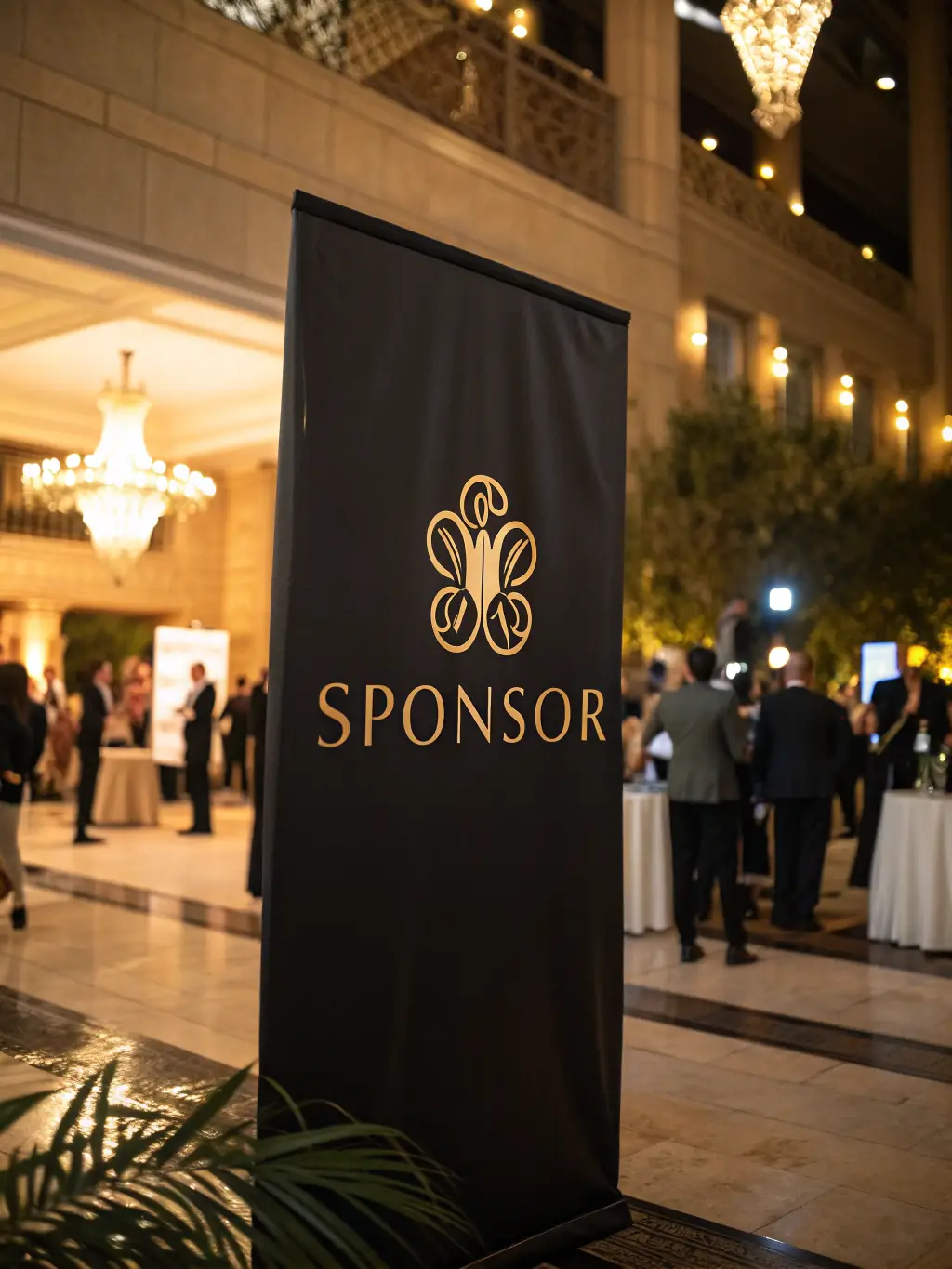 A professional photograph showcasing a sponsor's logo prominently displayed at a past fastforward.site conference, with attendees networking in the background.
