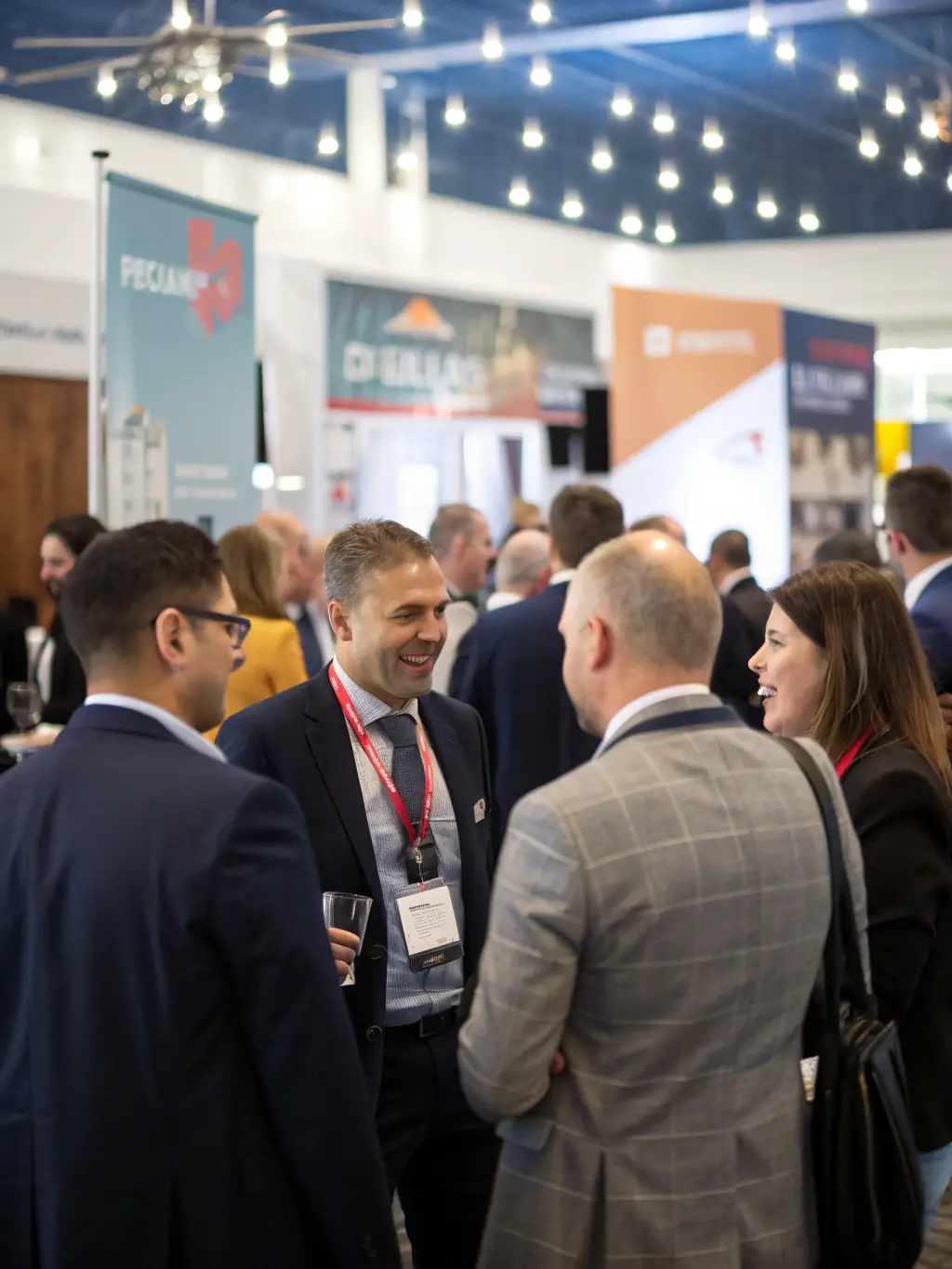 A photograph of a networking event at a fastforward.site conference, showing sponsors interacting with attendees in a relaxed setting.