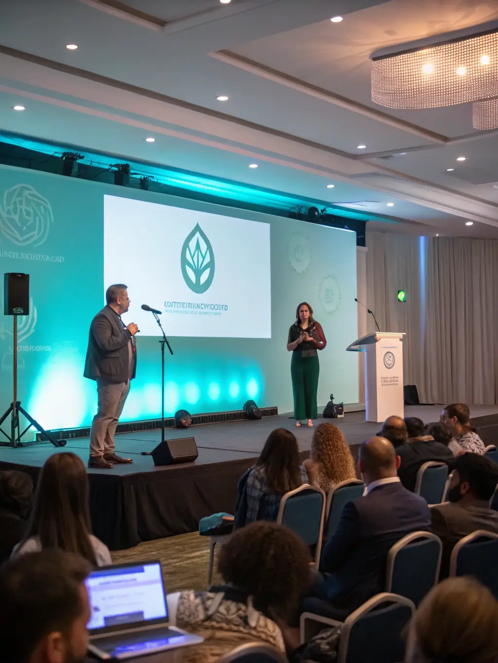 A photograph capturing a sponsor representative presenting an award or speaking at a fastforward.site conference session.