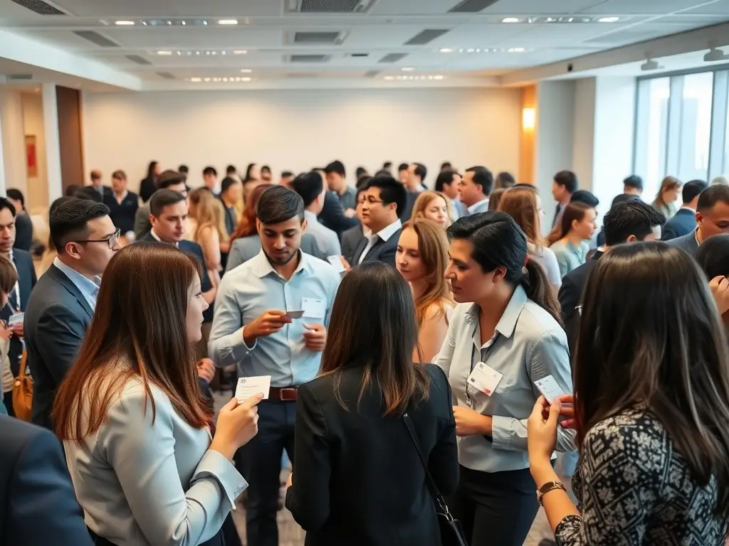 A dynamic photograph capturing a networking session at a FastForward conference in Delhi, India. Attendees are actively engaged in conversations, exchanging ideas, and building connections.